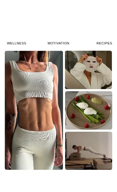 Главная на телефоне: сетка фотографий и вкладки wellness, motivation, recipes